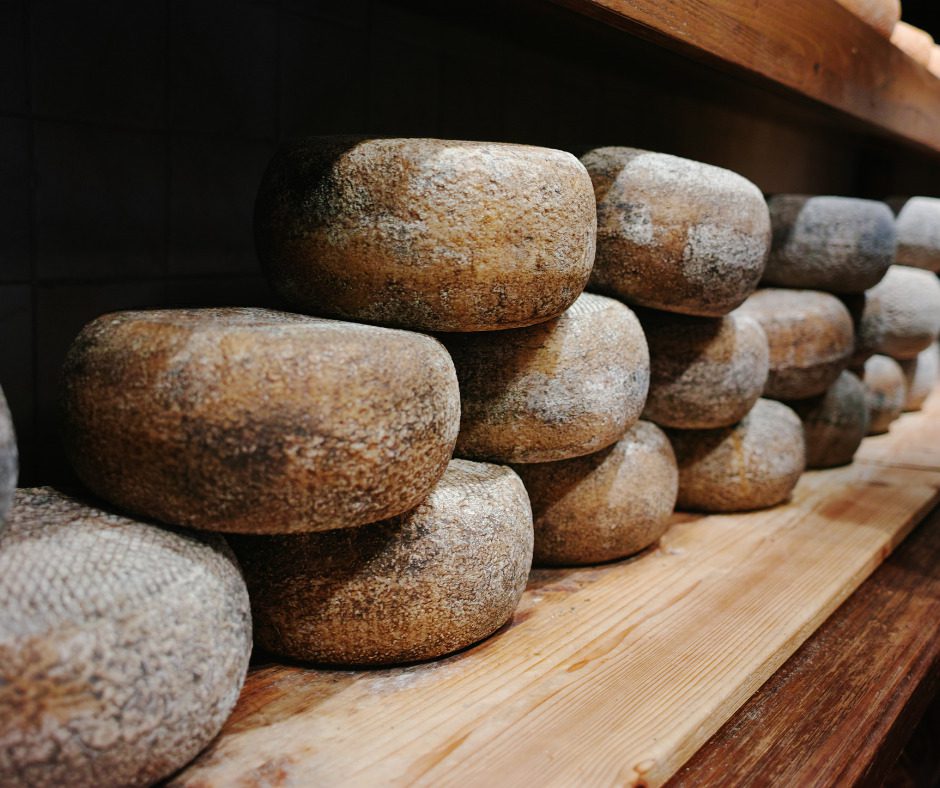 Formaggi stagionati in bottega. Selezione di prodotti caseari artigianali.