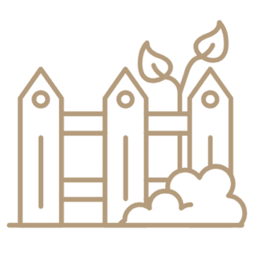 Progettazione giardini: icona staccionata con pianta. Manutenzione aree verdi.