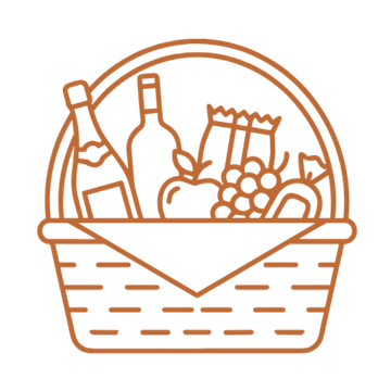 Illustrazione di cesto da picnic con vino, frutta e snack. Area picnic perfetta per relax all'aperto.