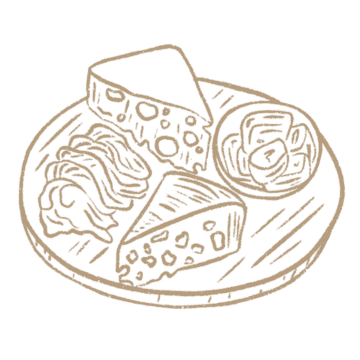 Illustrazione di merenda con formaggio, marmellata e pane su tagliere.