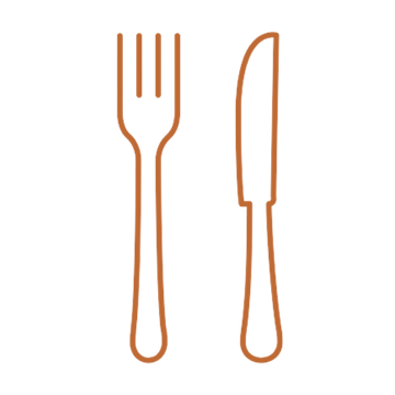 Icona stilizzata di forchetta e coltello color rame. Ristoro.
